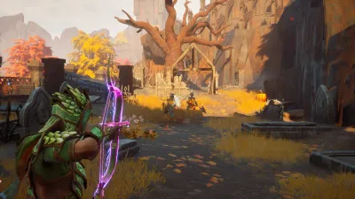 Player drawing a bow at a goblin in an autumn woodland during the early regions