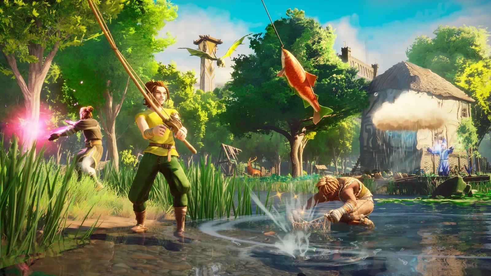 Player standing by a pond beside a wooden house and a fishing spot, showing the gather-build-survive loop