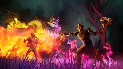 Elemental combat with orange fire and purple magic energy, showing the three elemental spell effects
