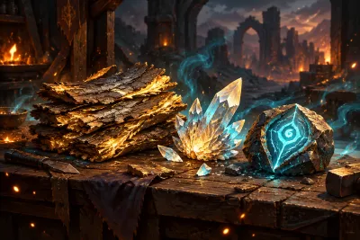 An ember-lit workbench with golden bark, crystal shards and a rune-etched core stone on it