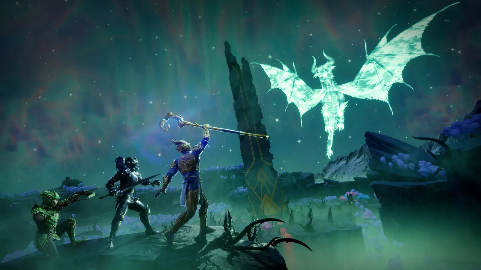 Four players fighting a spectral dragon together, showing the co-op content available
