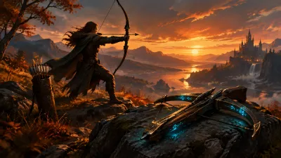 A hunter drawing a longbow on a dusky ridge, with a rune-lit crossbow resting on a stone