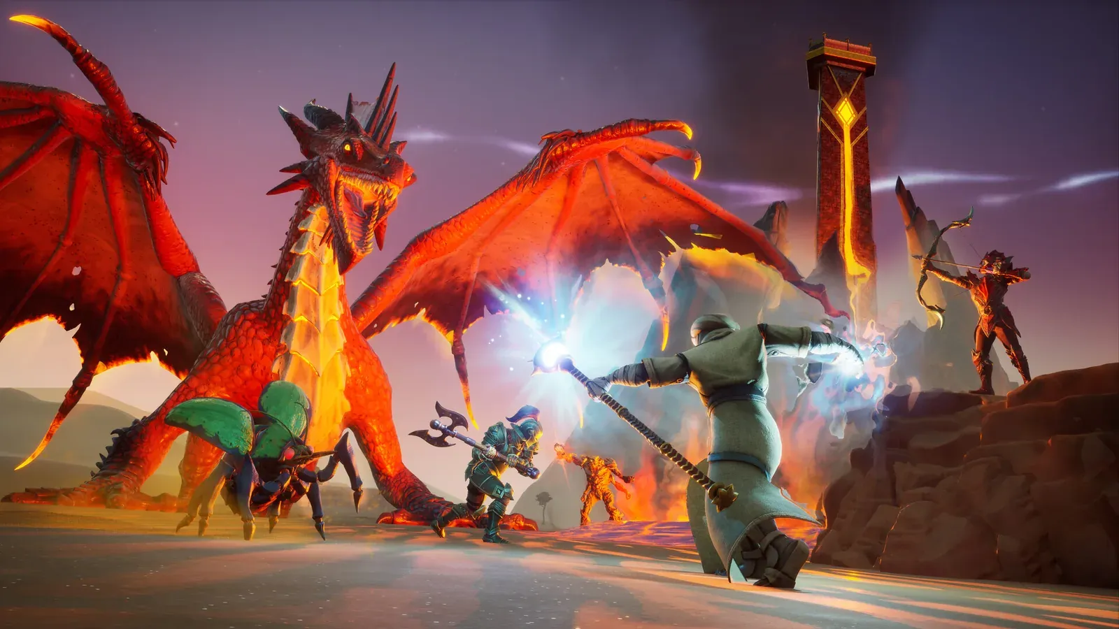 Two red dragons breathe fire at the player among collapsing ruins in the 1.0 endgame