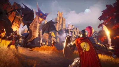 Player in a red cape raising a weapon against a dragon outside a fortress