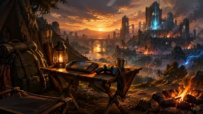An adventurer camp at dusk with a handheld and controller on a folding desk, ember-lit ruins behind