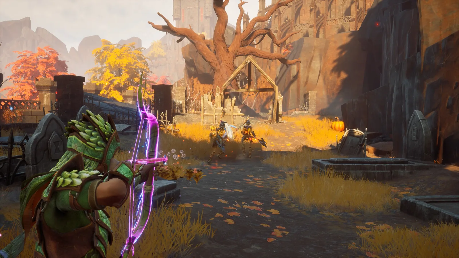 Player drawing a bow at a goblin in an autumn woodland